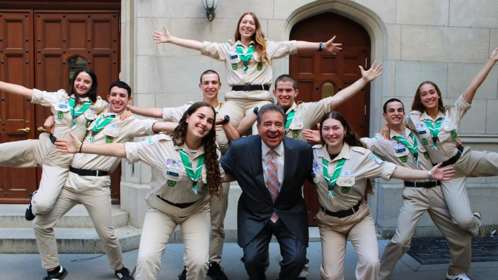Friendship Caravan performers pose with Jewish National Fund-USA CEO Russell Robinson in New York City, June 2026.