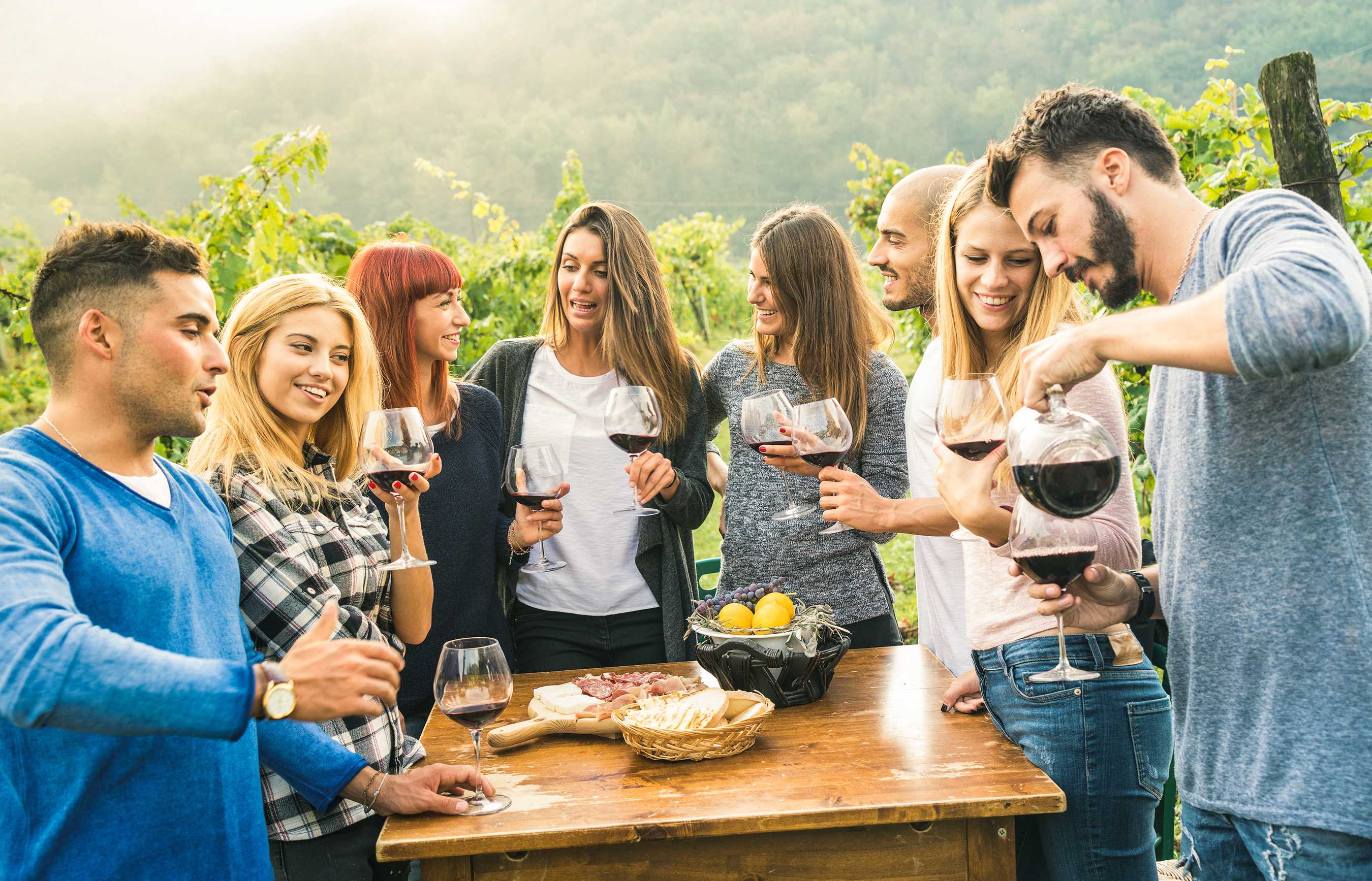 Young adults gather outdoors at a vineyard table with wine glasses during an Israel travel experience.