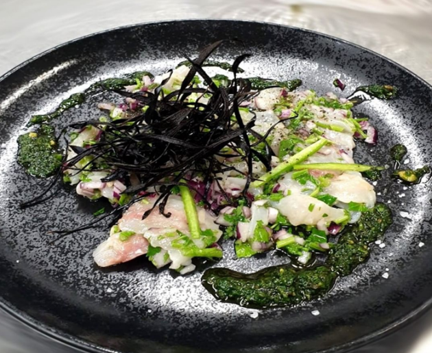 Ceviche mullet, purple onion, olive oil, lemon, Atlantic sea salt, and crispy eggplant strips